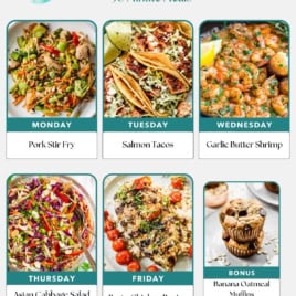 A weekly, budget-friendly meal plan by Well Plated features photos of pork stir fry, salmon tacos, garlic butter shrimp, Asian cabbage salad with tofu, pesto chicken, and banana oatmeal muffins—perfect for families. Each meal is labeled by day.