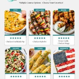 A Fourth of July meal plan for families featuring six easy healthy meals: chicken enchilada dip, chicken kabobs, honey garlic wings, chicken pasta salad, grilled corn, and a festive flag cake topped with berries and cream.