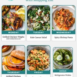 Weekly meal plan with photos: chicken thighs, kale salad, shrimp pasta, chicken sandwich, curry, and pickles.