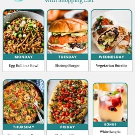 Weekly meal plan showing photos of egg roll bowl, shrimp burger, vegetarian burrito, shrimp pasta, pizza, and sangria.