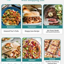 Weekly meal plan with images of tofu, sloppy joes, steak, chicken wraps, cabbage salad, and strawberry oatmeal bars.