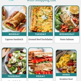 A weekly meal plan with images of a Caprese sandwich, enchiladas, pesto salmon, Greek salad, BLT, and breakfast bowl.