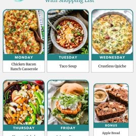 Weekly meal plan with photos of chicken casserole, taco soup, quiche, salad, salmon burger, and apple bread.