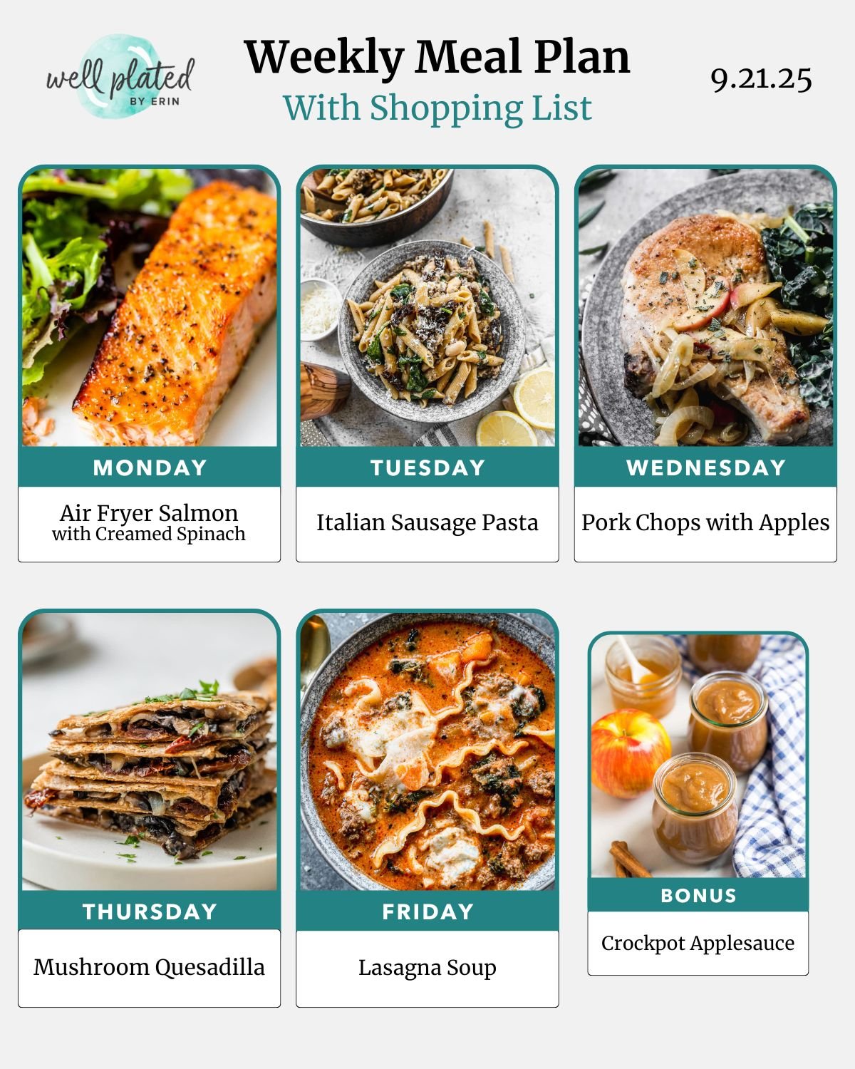 Weekly meal plan with photos of air fryer salmon, sausage pasta, pork chops, mushroom quesadilla, lasagna soup, and applesauce.