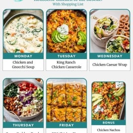 Weekly meal plan with images: soup, casserole, wrap, salad bowl, pizza, and nachos, labeled by day and dish name.