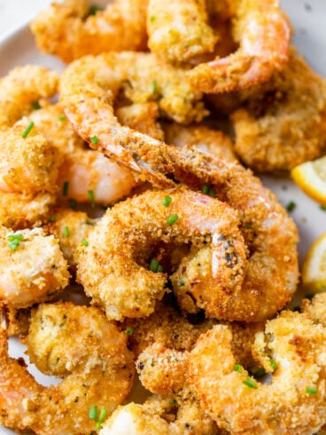 Air fryer shrimp recipe on a white plate
