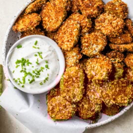 A bowl of the best air fryer pickles with dip