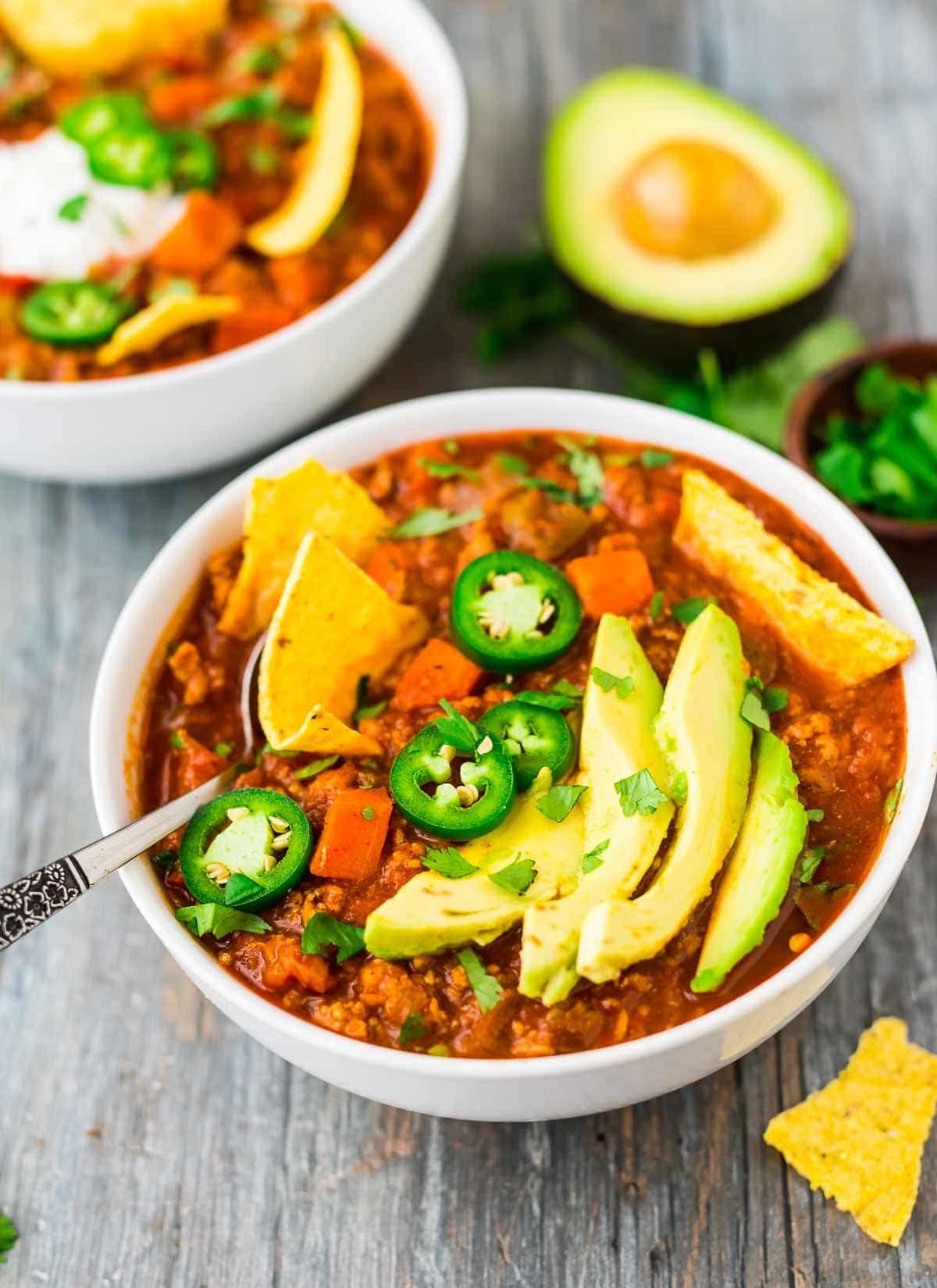 A bowl of healthy turkey chili with sweet potatoes