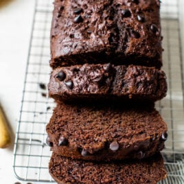 Chocolate banana bread cut into slices
