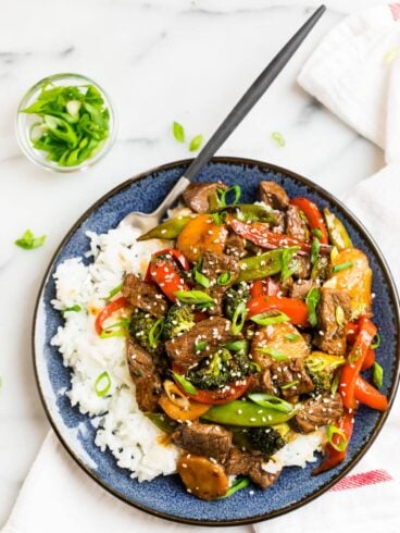 A plate with Teriyaki Beef Stir Fry with Rice