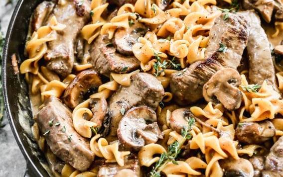 a pan of creamy beef stroganoff made without cream of mushroom