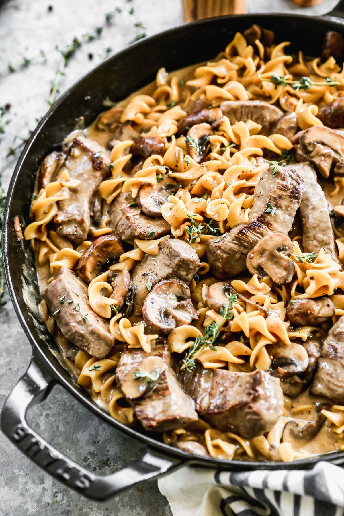 a pan of creamy beef stroganoff made without cream of mushroom