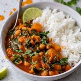 Bowl of butternut squash curry with white rice