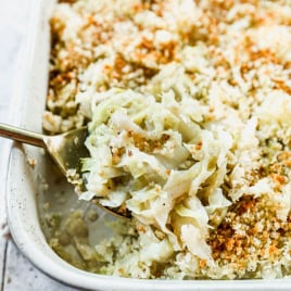 Creamy cabbage casserole in baking dish