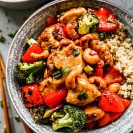 Overhead view of cashew chicken in bowl