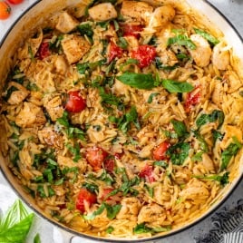 A pan of creamy orzo and chicken, tomatoes, fresh basil, and spinach, garnished with herbs.