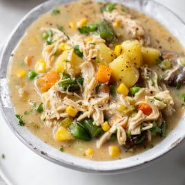 Bowl of creamy chicken pot pie soup