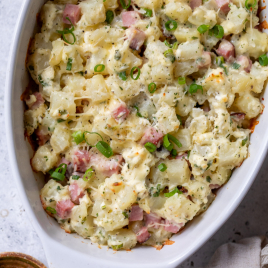 Ham and potato casserole recipe in baking dish