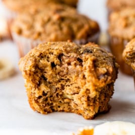 moist healthy banana muffins with a bite taken out