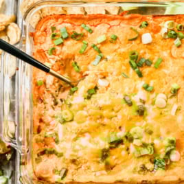 Cheesy healthy Buffalo chicken dip in baking dish