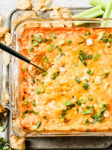 Cheesy healthy Buffalo chicken dip in baking dish