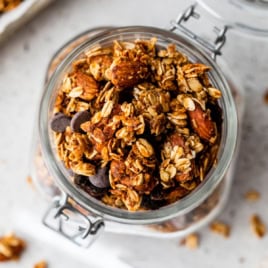 Overhead view of homemade healthy granola in jar