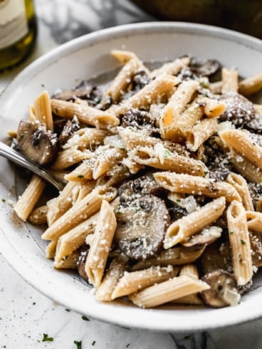 Healthy mushroom pasta in a large bowl
