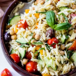 Mediterranean orzo pasta salad in bowl