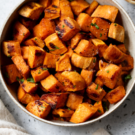 Oven roasted sweet potatoes in bowl