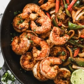 One-pan shrimp fajitas in skillet