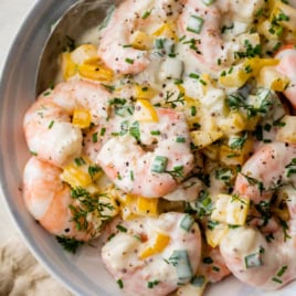 Overhead view of shrimp salad recipe in bowl