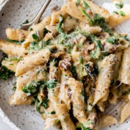 Plate of creamy spinach pasta