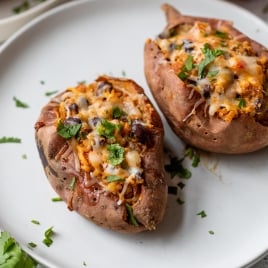 Plate with two stuffed sweet potatoes