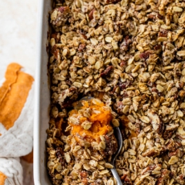 a pan of the best sweet potato casserole