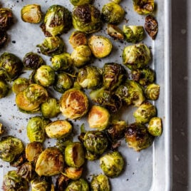 a sheet pan with crispy roasted brussel sprouts
