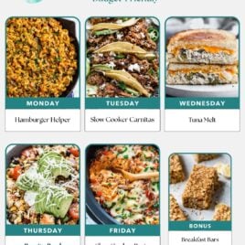 A free weekly meal plan with photos: Monday—Hamburger Helper, Tuesday—Slow Cooker Carnitas, Wednesday—Tuna Melt, Thursday—Burrito Bowl, Friday—Slow Cooker Pasta, plus bonus Breakfast Bars. Easy healthy meals in labeled boxes.