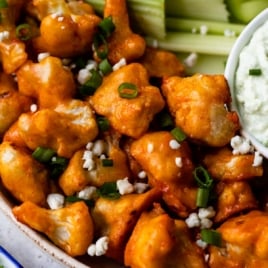 closeup of crispy buffalo cauliflower wings