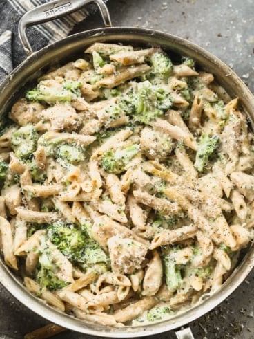 Creamy chicken broccoli alfredo in skillet