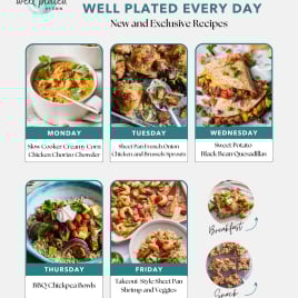 A free weekly meal plan for families featuring photos of six delicious dishes, including Slow Cooker Creamy Corn Chicken Chorizo Chowder, French Onion Chicken with Brussels Sprouts, and Sweet Potato Black Bean Quesadillas.