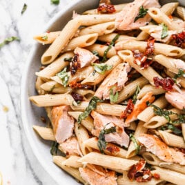 Creamy salmon pasta in a bowl