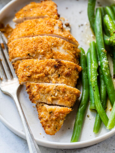 air fried chicken breast with no flour from the air fryer on a plate