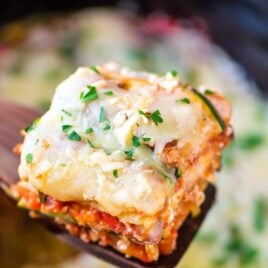 slice of Low Carb Lasagna made in a crock pot