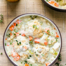 A bowl of healthy crockpot chicken and dumplings