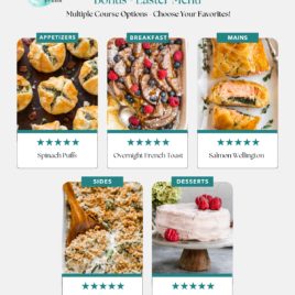A weekly meal plan for families features budget-friendly dishes like spinach puffs, overnight French toast, salmon Wellington, asparagus casserole, and strawberry cake—each shown in a photo with five-star ratings.