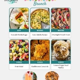 Easter brunch menu featuring budget-friendly, easy healthy meals like avocado deviled eggs, quiche, overnight French toast, fruit salad, hashbrown casserole, and lemon poppy seed muffins—sections labeled for appetizers, mains, sides, and desserts.