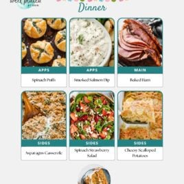 Easter dinner menu perfect for families, featuring easy healthy meals like spinach puffs, smoked salmon dip, baked ham, asparagus casserole, spinach strawberry salad, cheesy scalloped potatoes, and carrot cake for dessert.