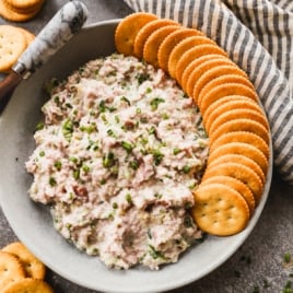 old-fashioned ham salad in bowl with crackers