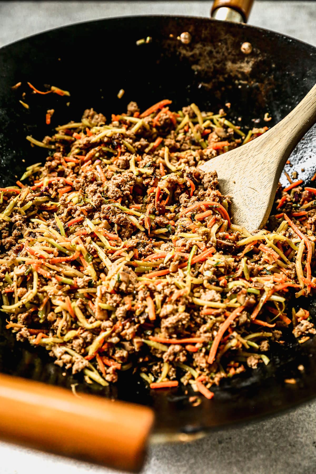 a wok of easy egg roll in a bowl with ground turkey filling