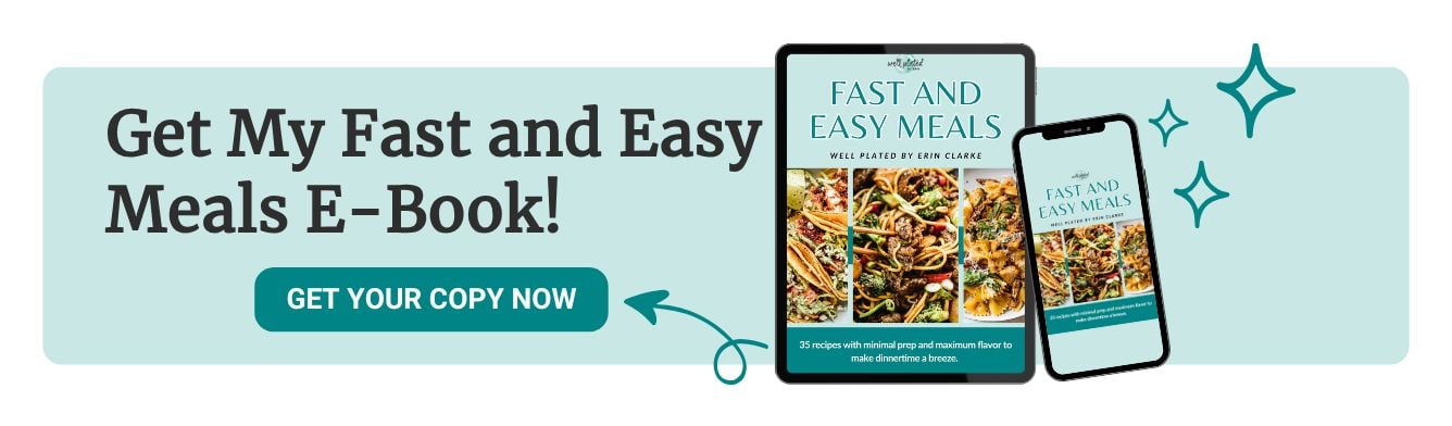 Banner promoting a "Fast and Easy Meals" e-book, showing the e-book cover on a tablet and phone. Text says, "Get My Fast and Easy Meals E-Book! Get Your Copy Now" with an arrow and sparkles.