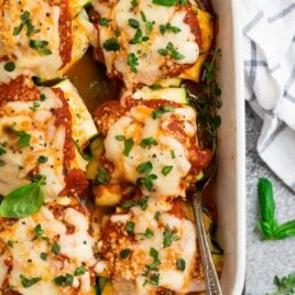 Healthy zucchini ravioli in a baking dish